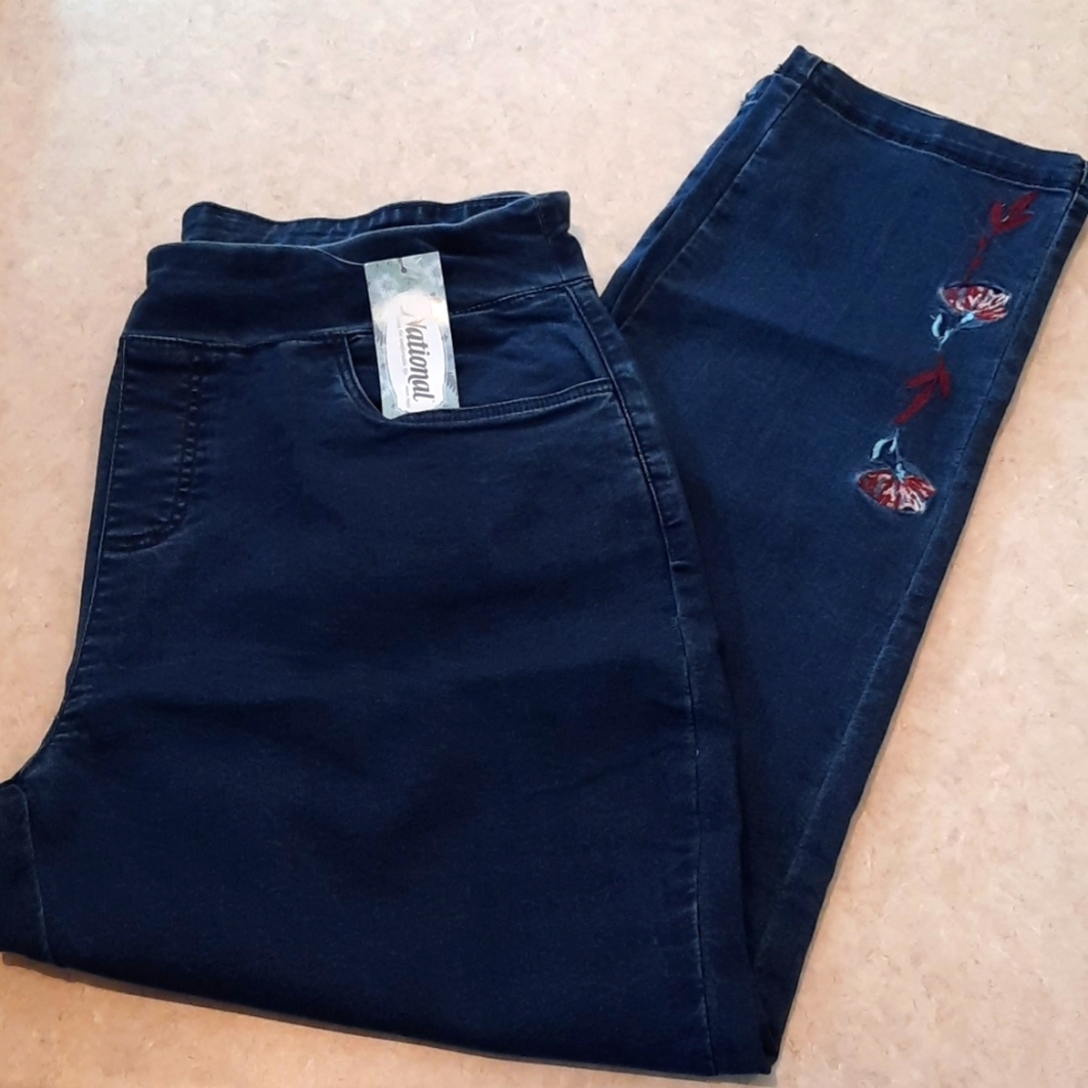 Women's National Pull-On Stretch Ankle Jeans with Floral Embroidery Size 16